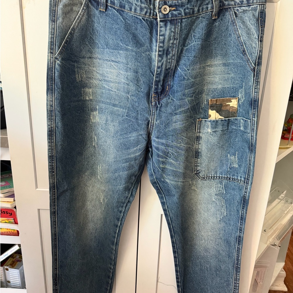 Men's Blue Distressed Denim Jeans with Pocket Patch
